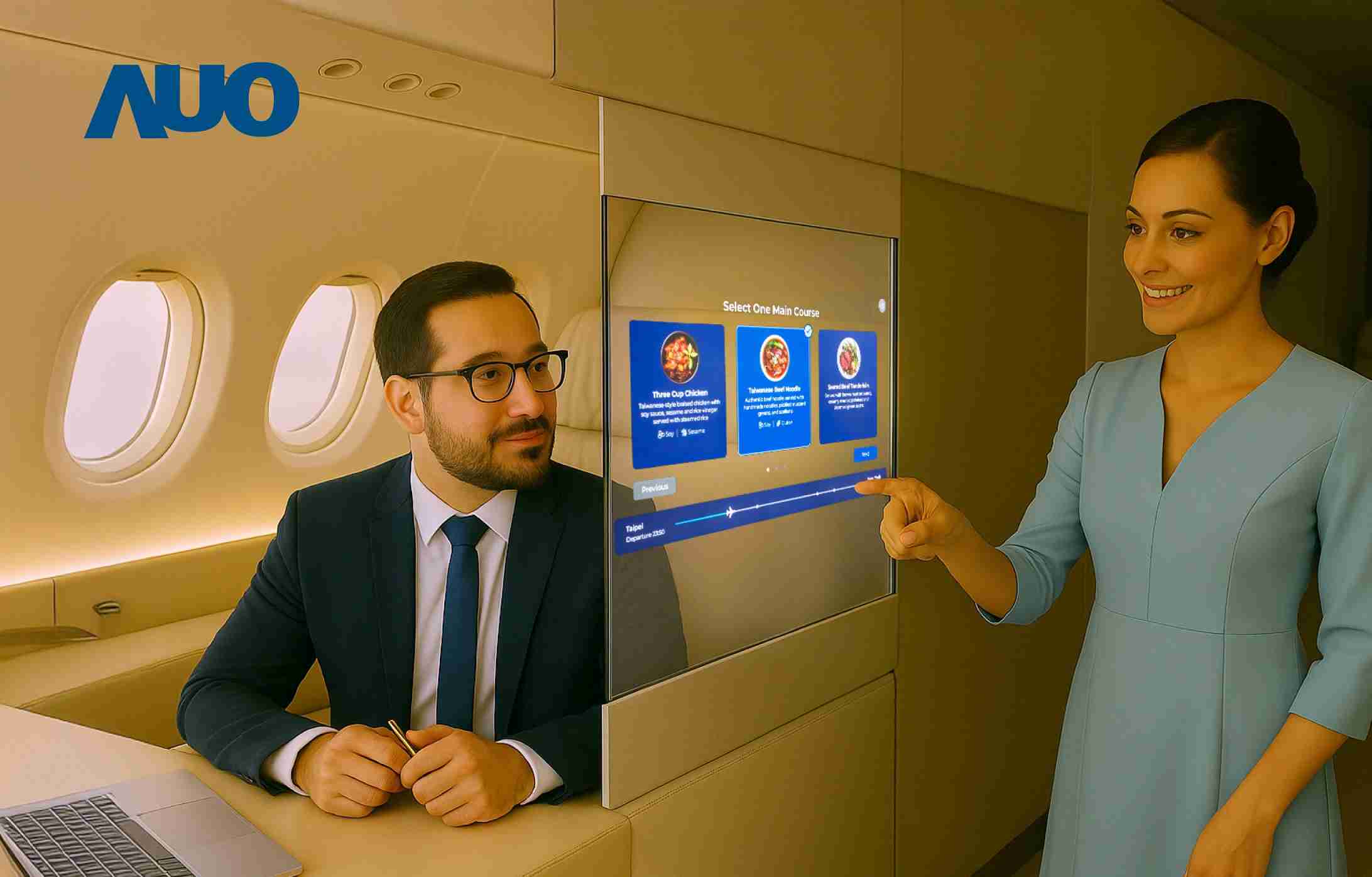 尊龙z6研发全球最薄17.3 吋双面透明 Micro LED 显示器，，，，可在同一屏幕之双边投射不同信息，，创造独特的”透明化”互动；图为实时翻译交流应用情境